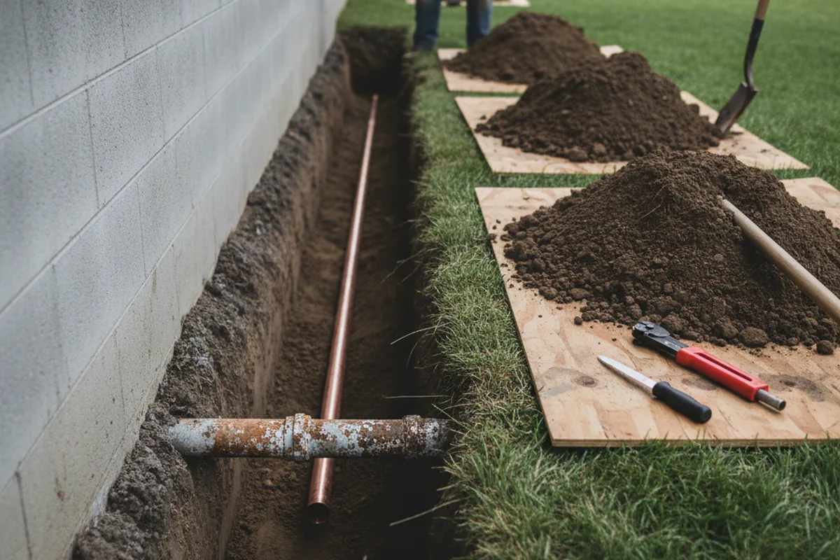 Excavated water line trench during Water Heater Repair in Bruceville